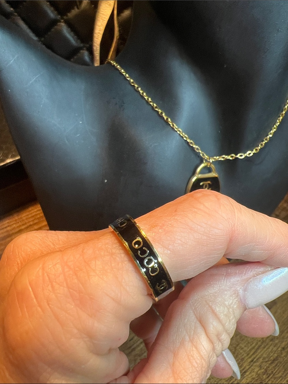 Stainless Steel Black and Gold Logo Band Ring